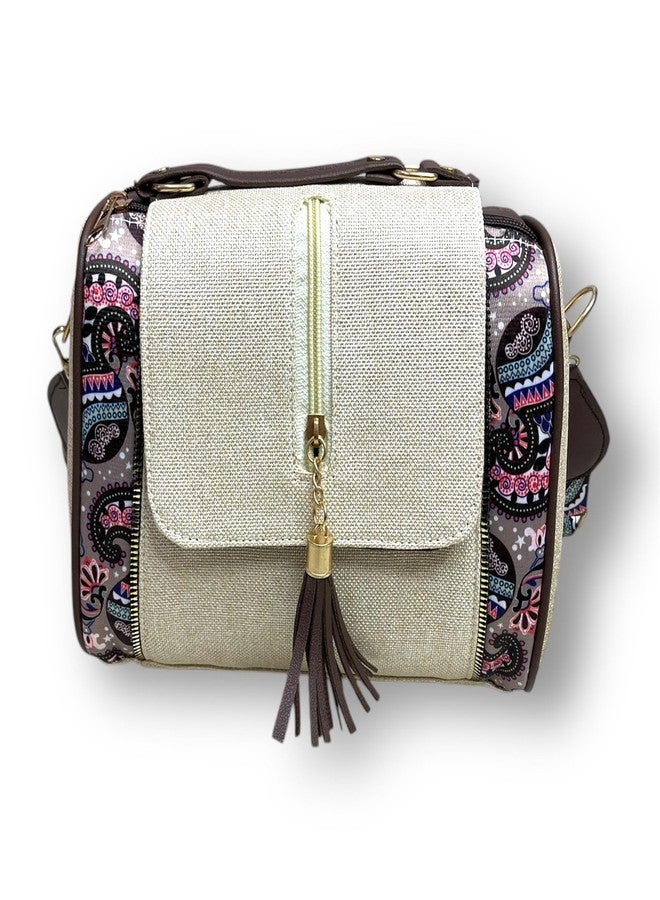 SHIVKARI Jacquard Chain Flap Duffle Stylish Textured Sling Bag Women Ladies Purse for Women & Girls - Beige Line - Image 1